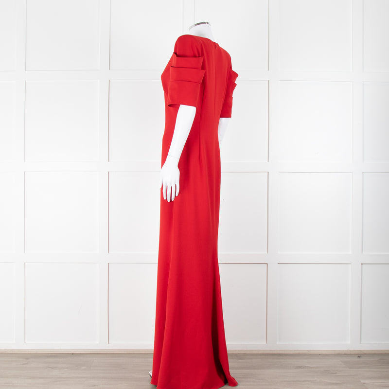 Badgley Mischka Red Full Length Gown with Fold Detail Sleeves
