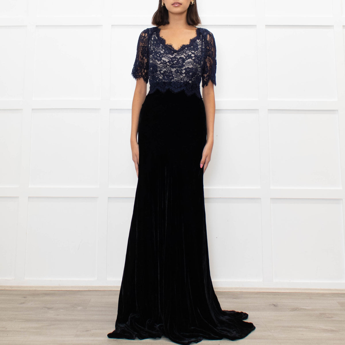 Libelula Black Velvet Navy Lace Top Short Sleeve Evening Dress
