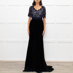 Libelula Black Velvet Navy Lace Top Short Sleeve Evening Dress