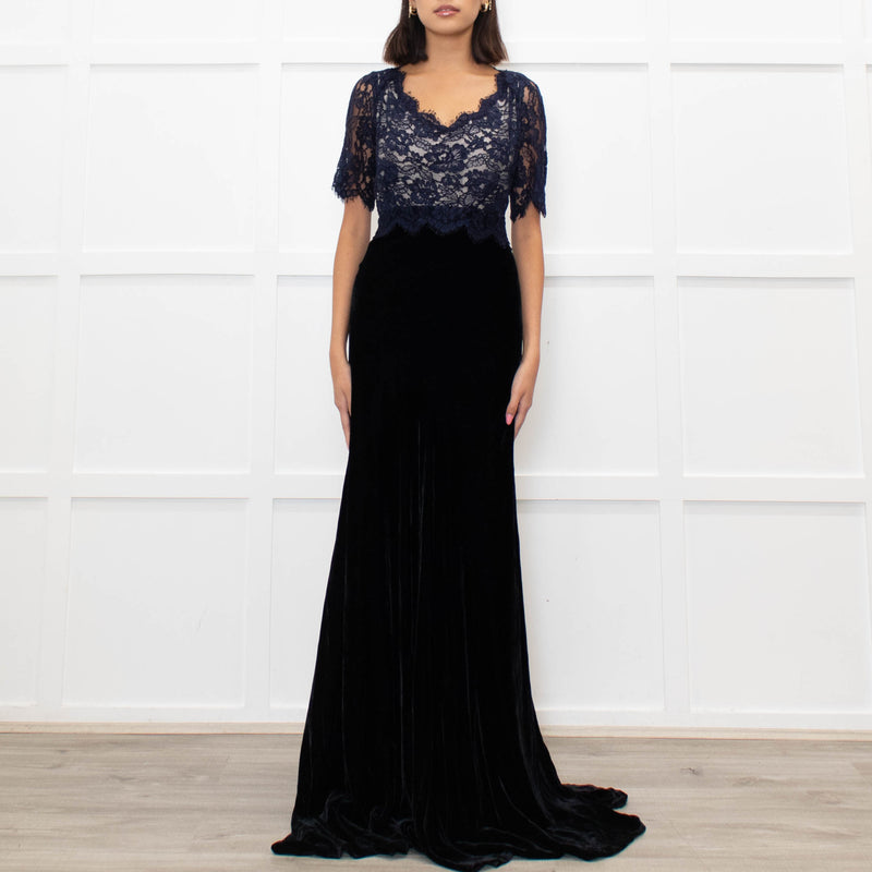 Libelula Black Velvet Navy Lace Top Short Sleeve Evening Dress