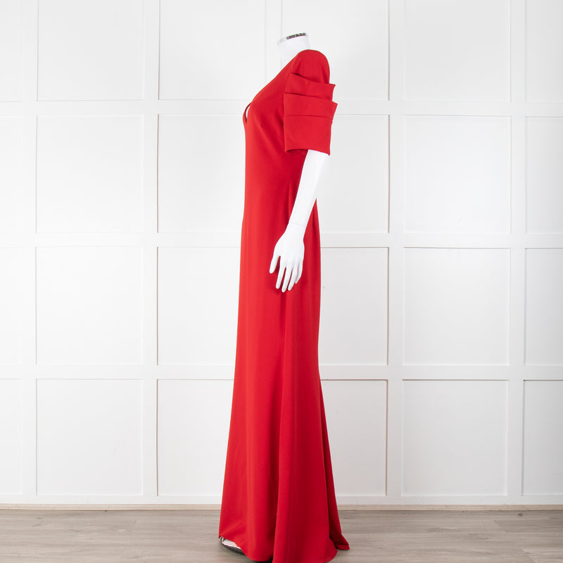 Badgley Mischka Red Full Length Gown with Fold Detail Sleeves