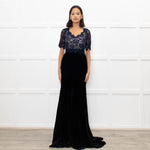 Libelula Black Velvet Navy Lace Top Short Sleeve Evening Dress