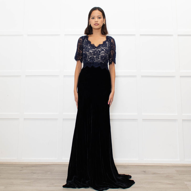 Libelula Black Velvet Navy Lace Top Short Sleeve Evening Dress