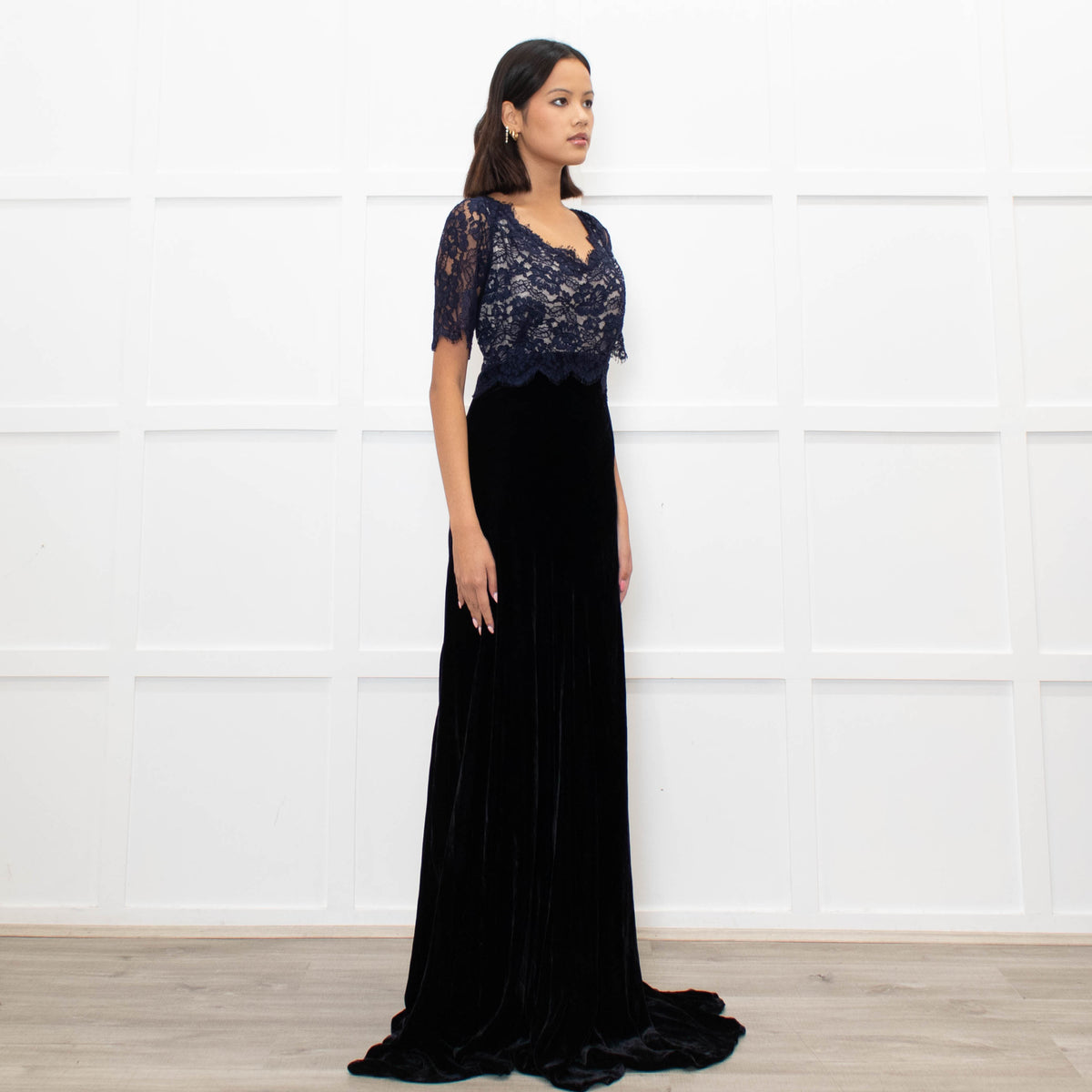 Libelula Black Velvet Navy Lace Top Short Sleeve Evening Dress