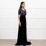 Libelula Black Velvet Navy Lace Top Short Sleeve Evening Dress