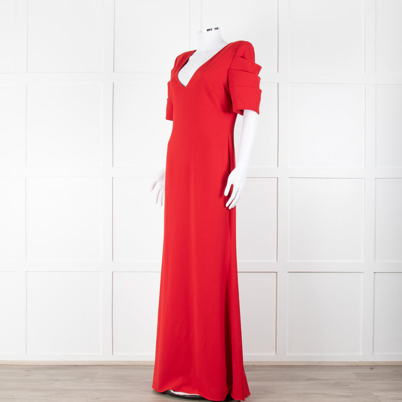 Badgley Mischka Red Full Length Gown with Fold Detail Sleeves