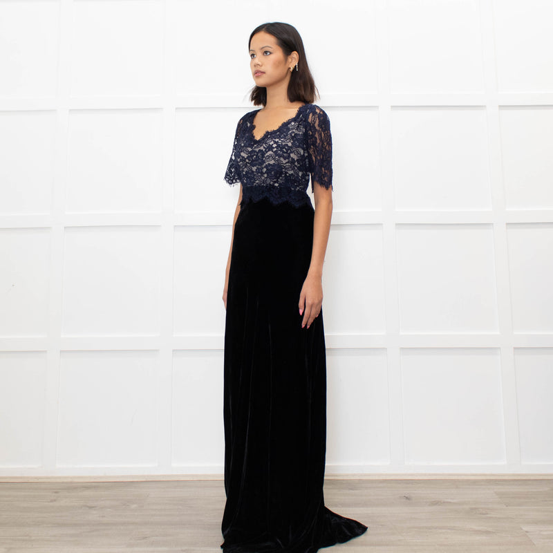 Libelula Black Velvet Navy Lace Top Short Sleeve Evening Dress