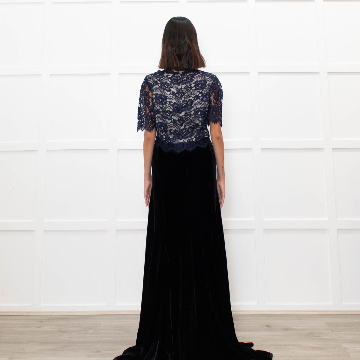 Libelula Black Velvet Navy Lace Top Short Sleeve Evening Dress