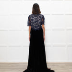 Libelula Black Velvet Navy Lace Top Short Sleeve Evening Dress