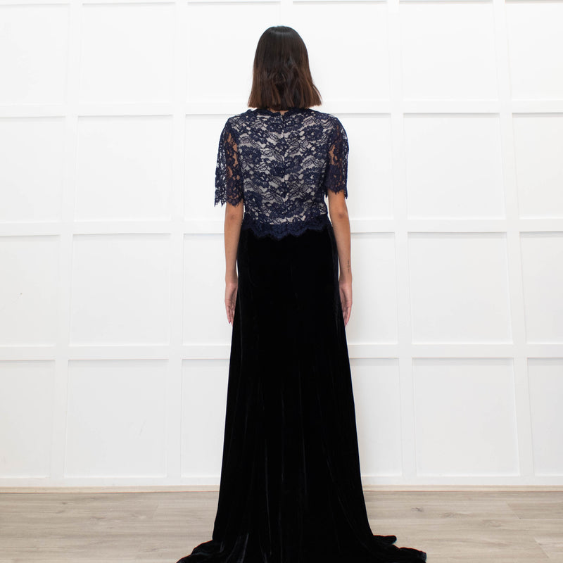 Libelula Black Velvet Navy Lace Top Short Sleeve Evening Dress