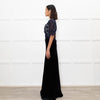 Libelula Black Velvet Navy Lace Top Short Sleeve Evening Dress