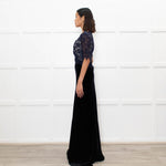 Libelula Black Velvet Navy Lace Top Short Sleeve Evening Dress