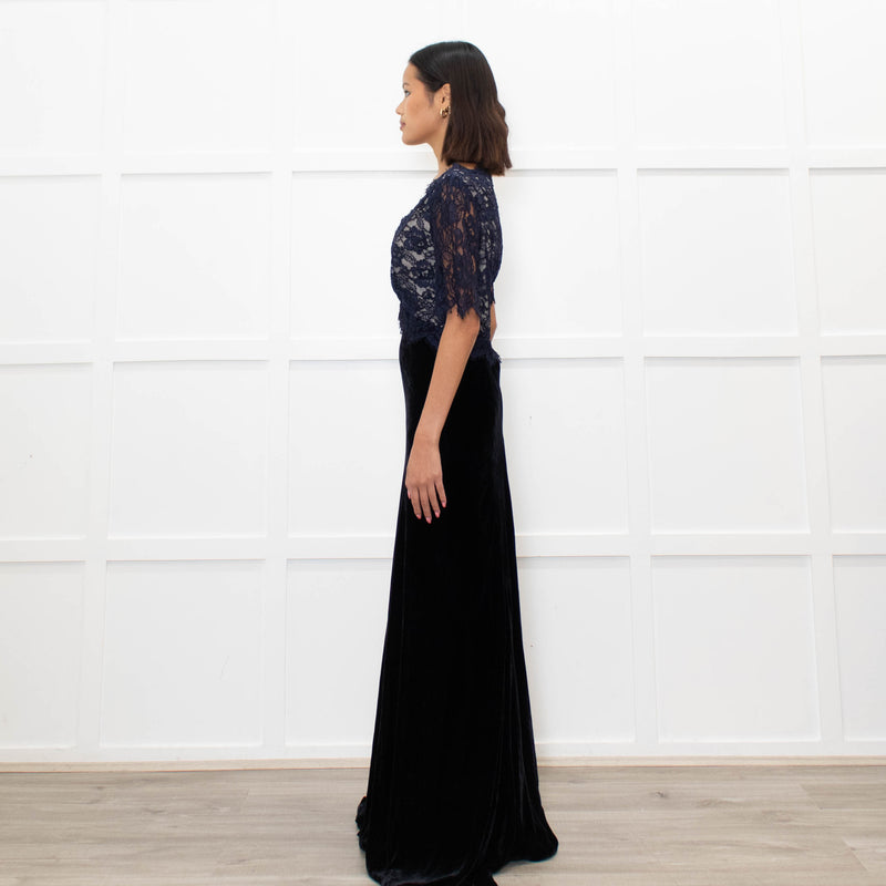 Libelula Black Velvet Navy Lace Top Short Sleeve Evening Dress