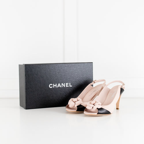 Chanel Powder Pink Black CC Camelia Heeled Slingbacks