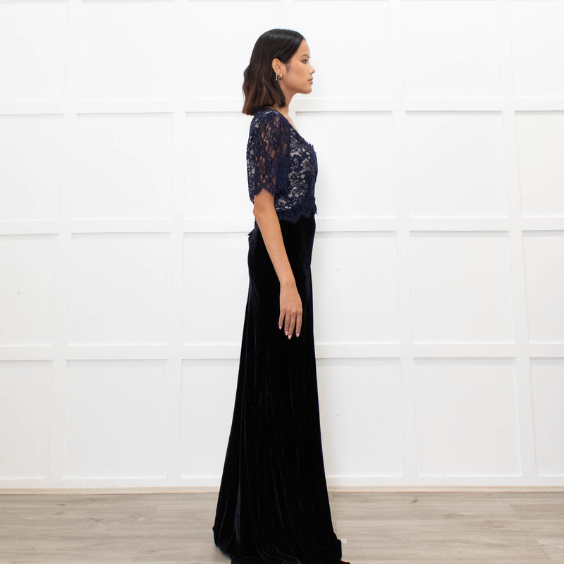 Libelula Black Velvet Navy Lace Top Short Sleeve Evening Dress