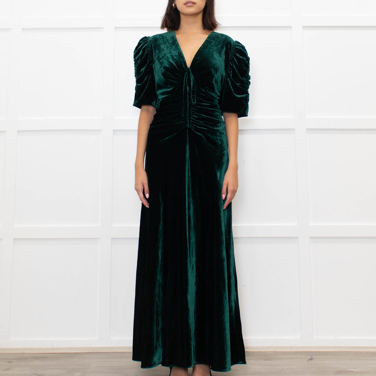 Cefinn Green Velvet Puff Sleeve Midi Dress