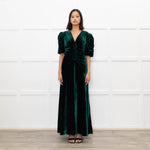 Cefinn Green Velvet Puff Sleeve Midi Dress
