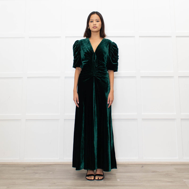 Cefinn Green Velvet Puff Sleeve Midi Dress