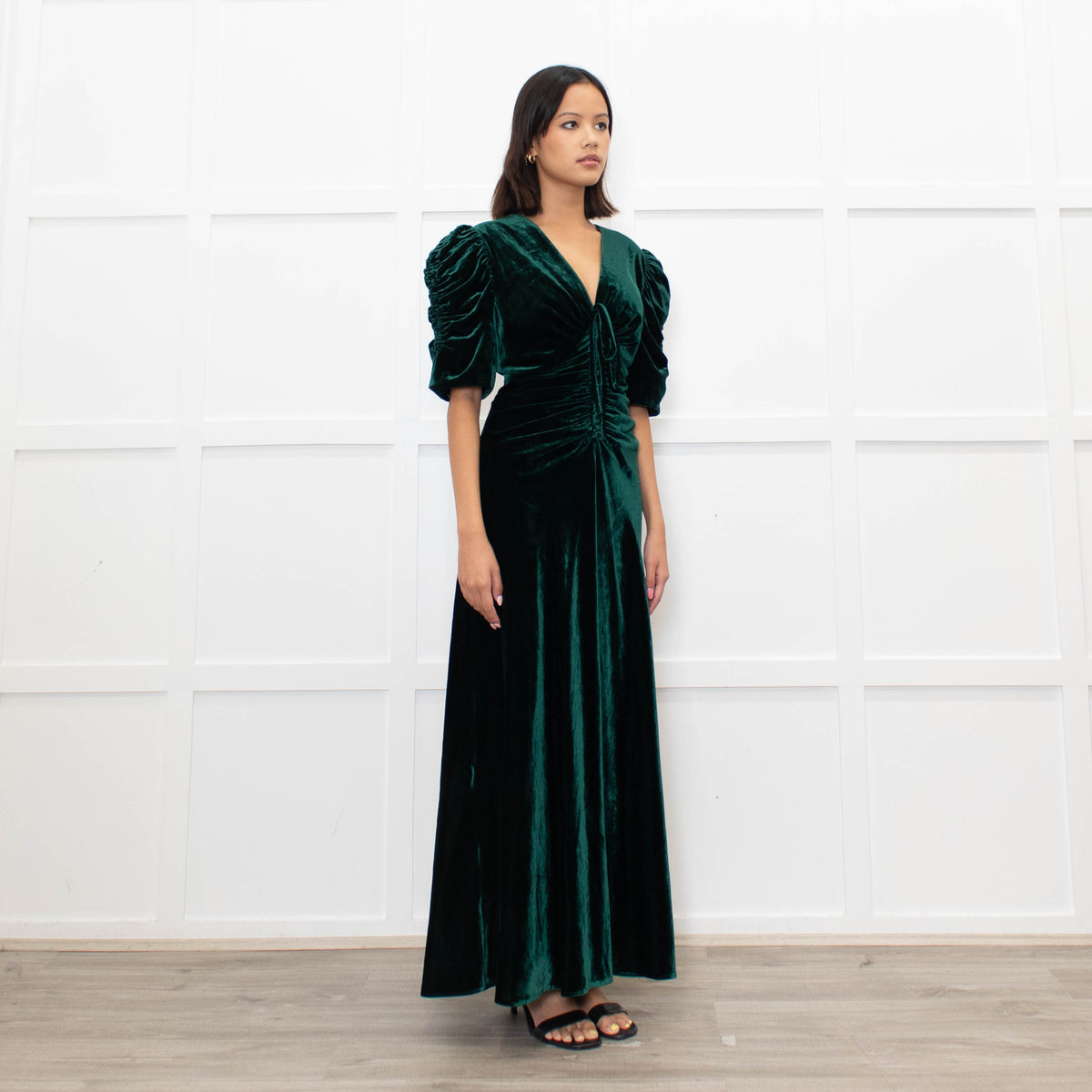 Cefinn Green Velvet Puff Sleeve Midi Dress