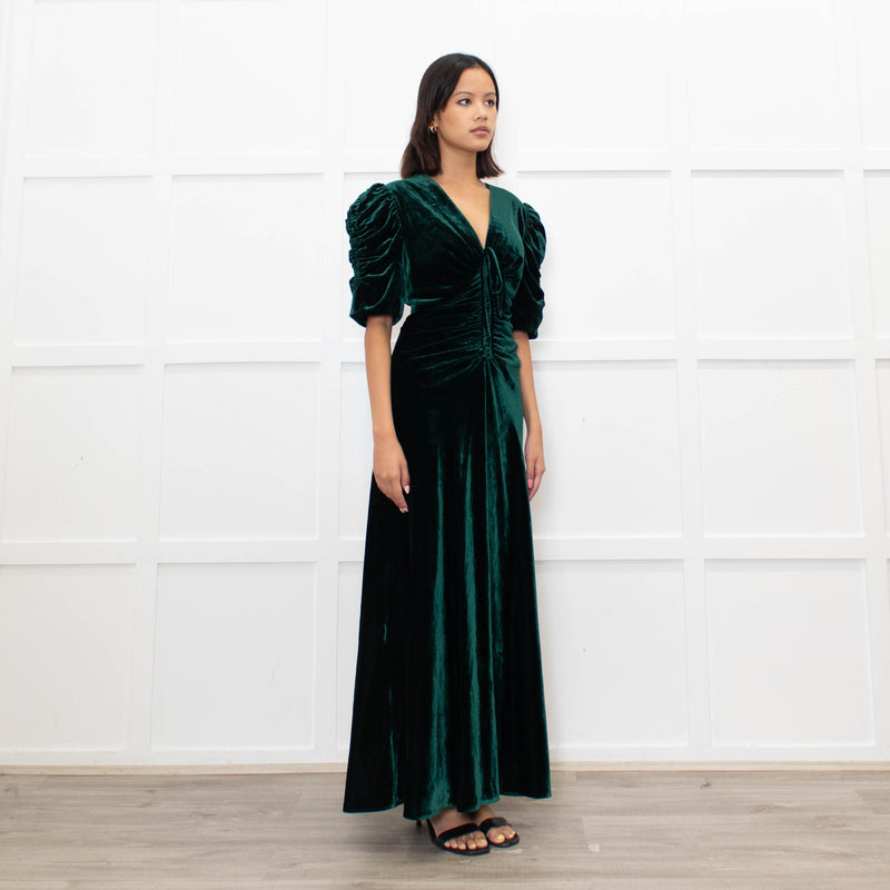 Cefinn Green Velvet Puff Sleeve Midi Dress