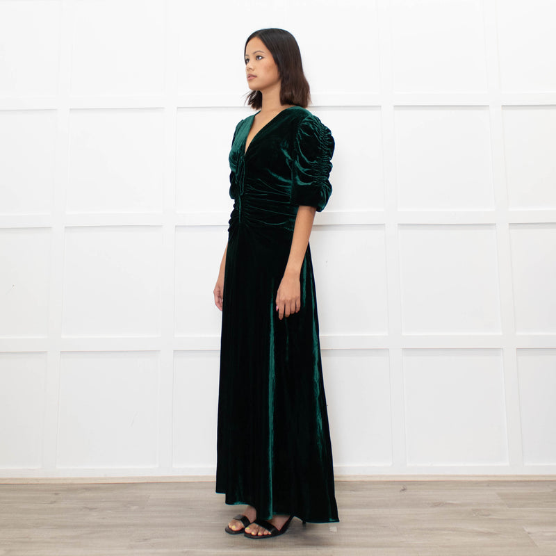 Cefinn Green Velvet Puff Sleeve Midi Dress