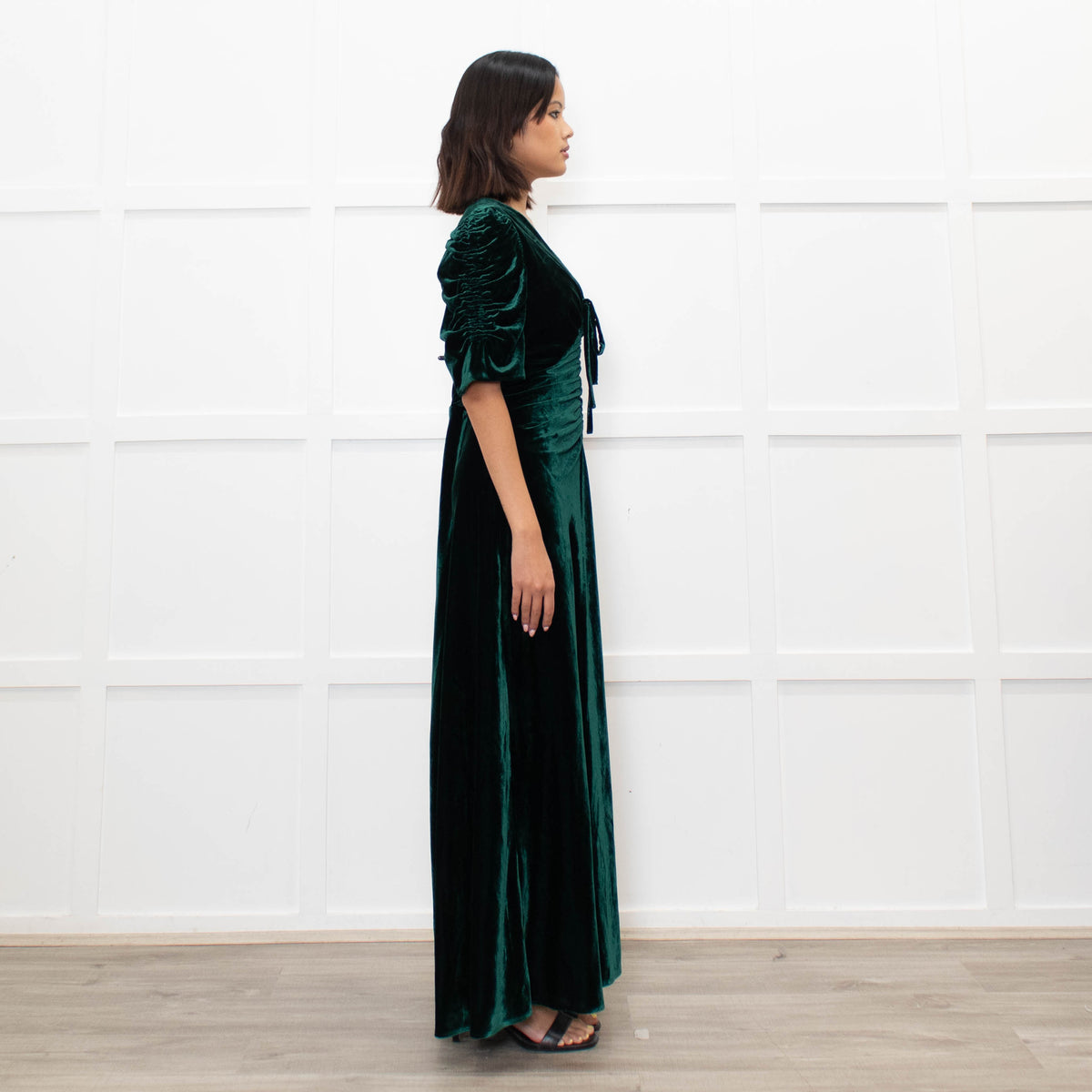 Cefinn Green Velvet Puff Sleeve Midi Dress