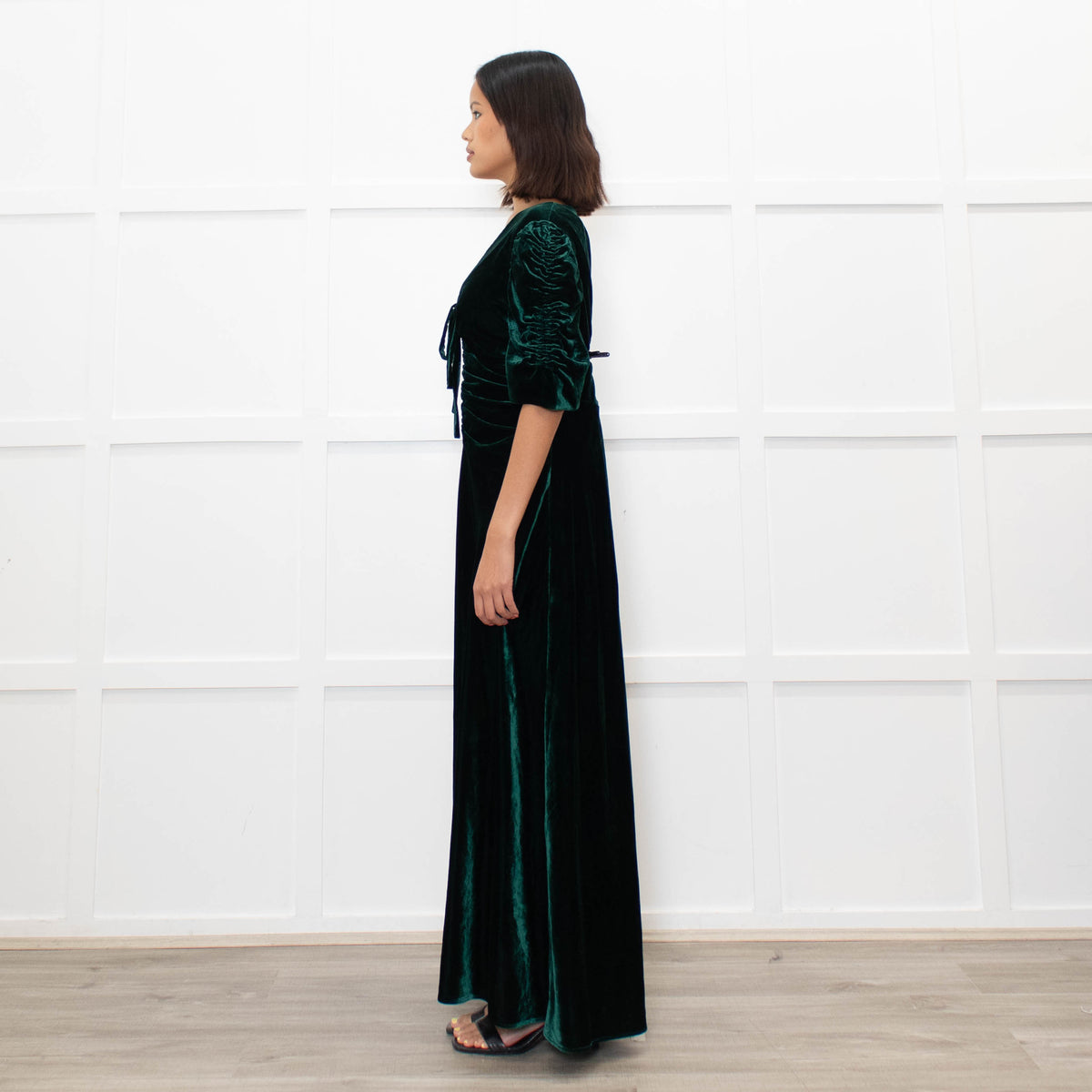 Cefinn Green Velvet Puff Sleeve Midi Dress