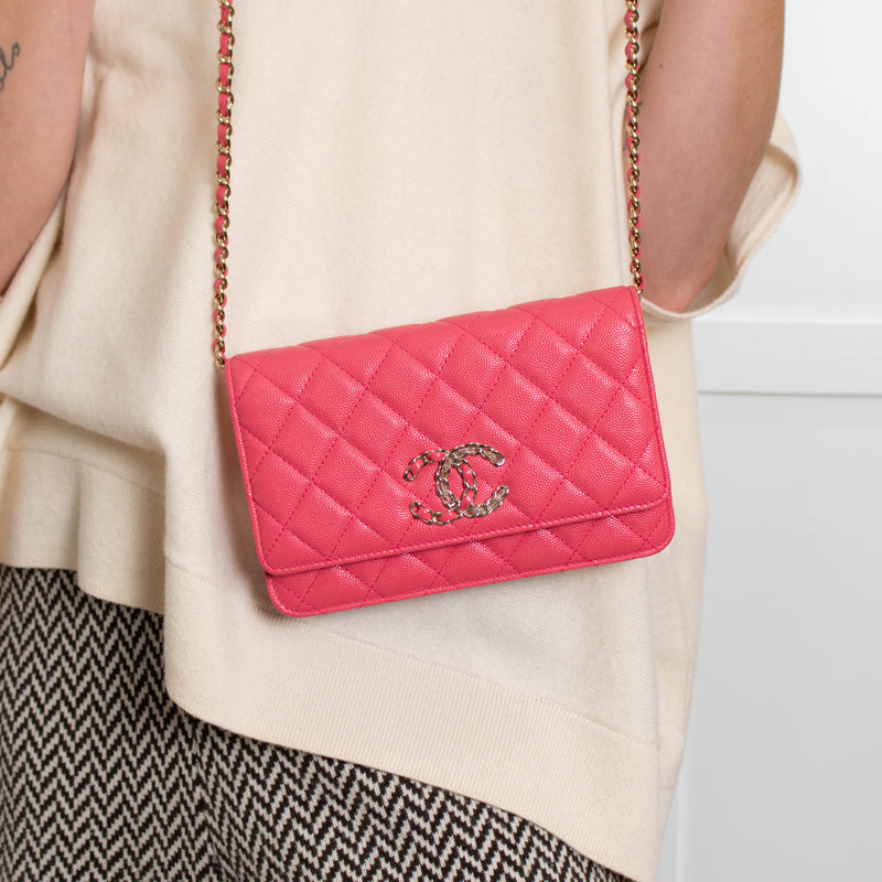 Chanel Pink Caviar Leather Wallet On Chain