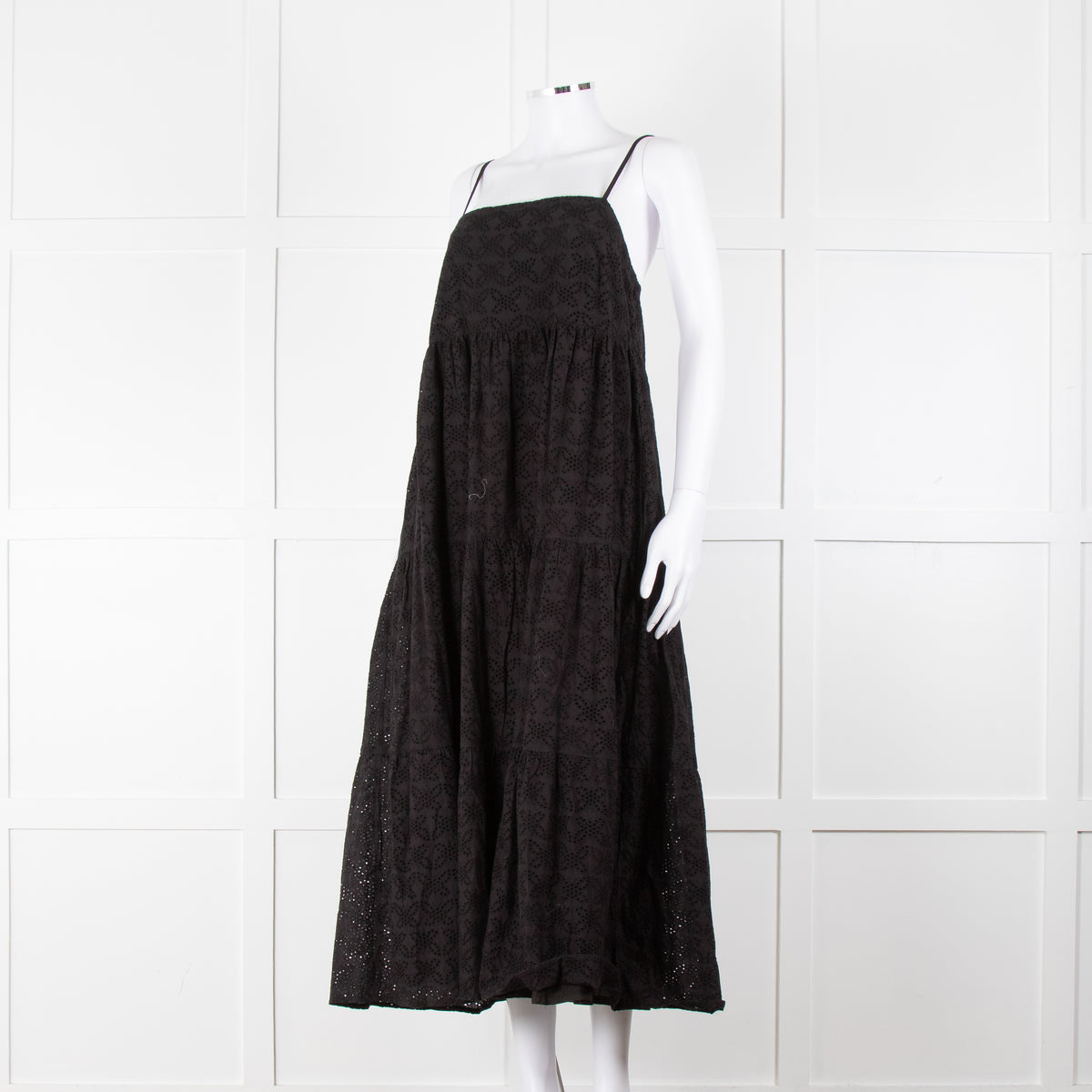 Seafolly Black Broderie Anglaise Tiered Strappy Midi Dress