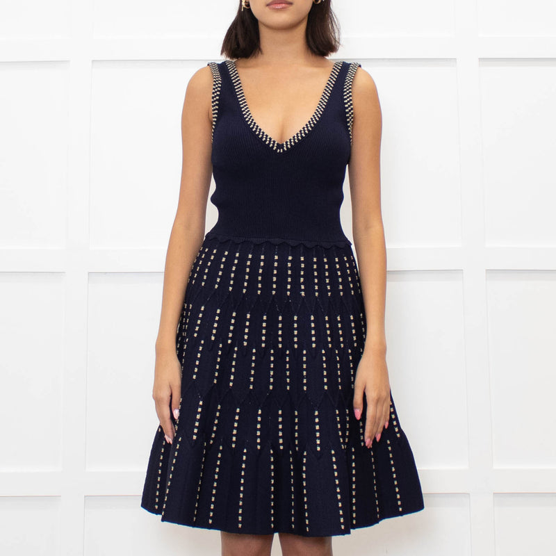 Sandro Navy Blue Gold Lurex Detail Sleeveless Dress