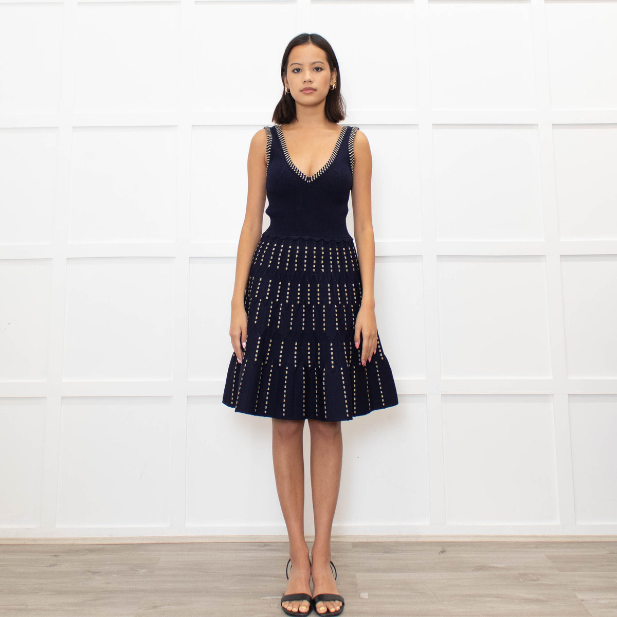 Sandro Navy Blue Gold Lurex Detail Sleeveless Dress
