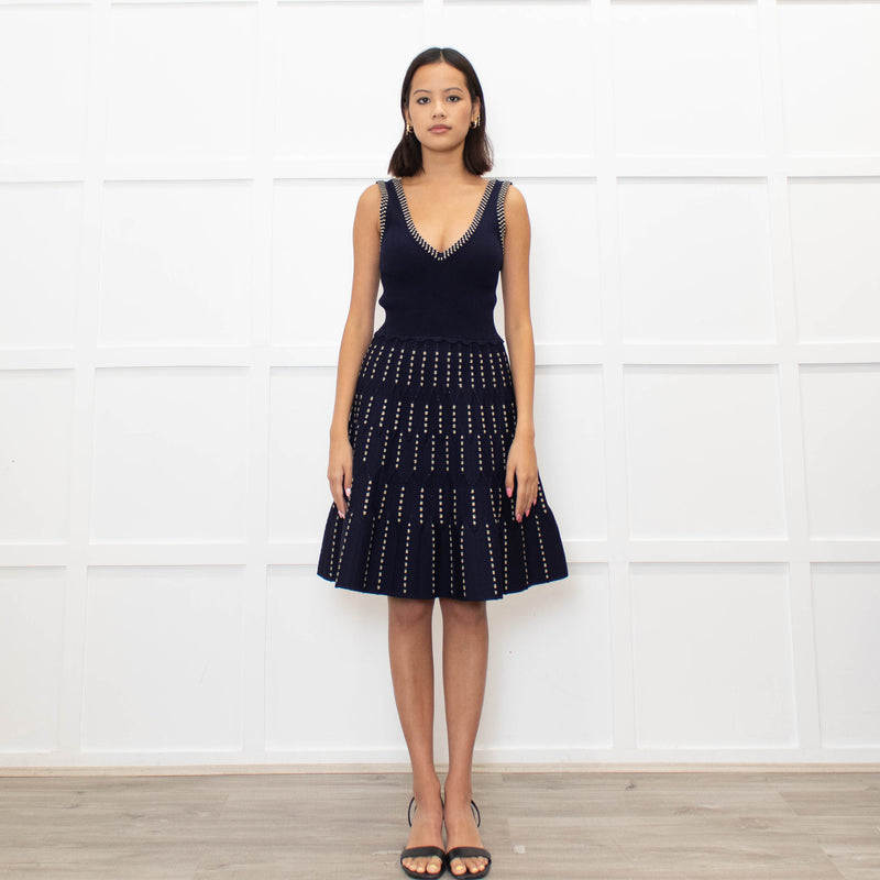 Sandro Navy Blue Gold Lurex Detail Sleeveless Dress