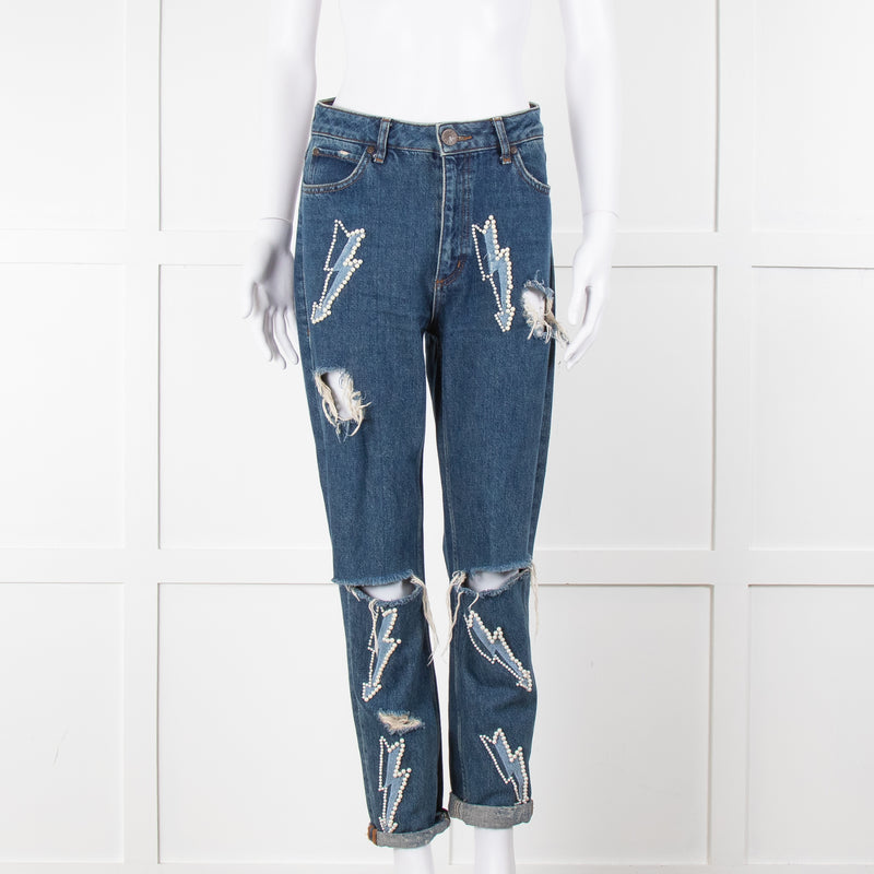 Sandro Blue Ripped Jeans With Pearl Lightening Detail