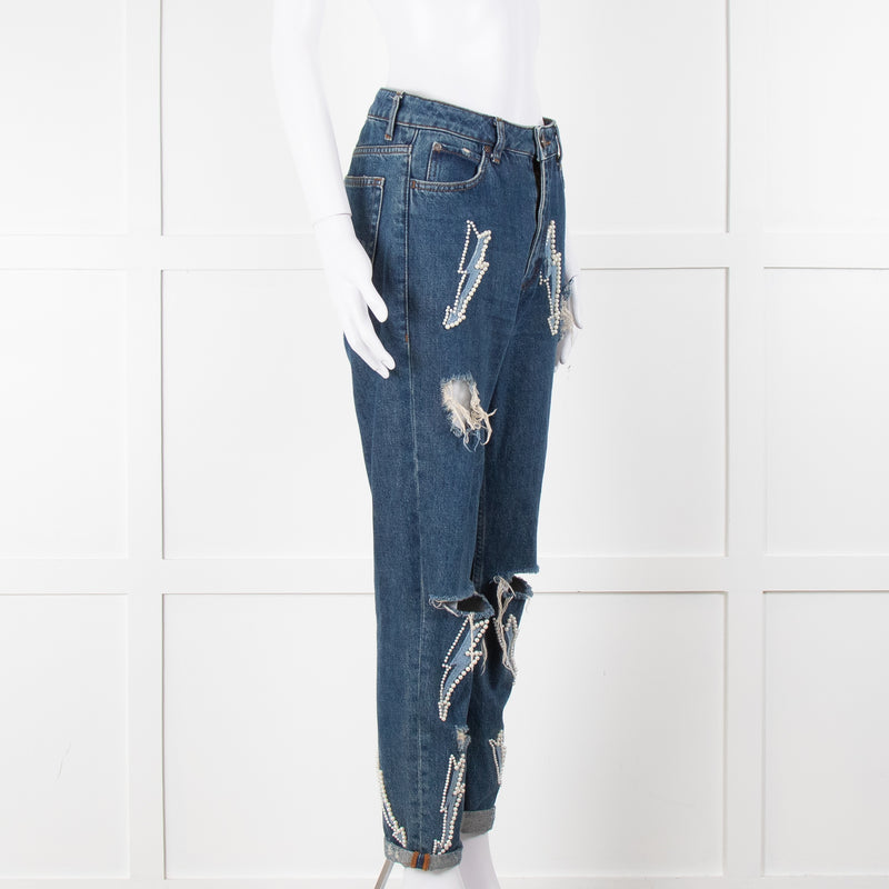 Sandro Blue Ripped Jeans With Pearl Lightening Detail