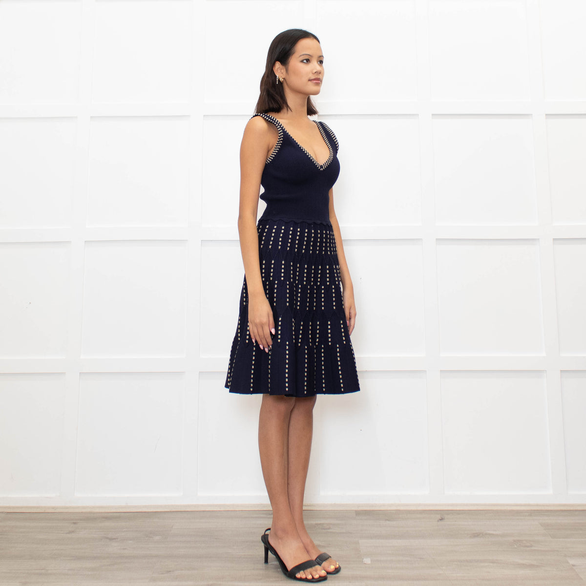 Sandro Navy Blue Gold Lurex Detail Sleeveless Dress