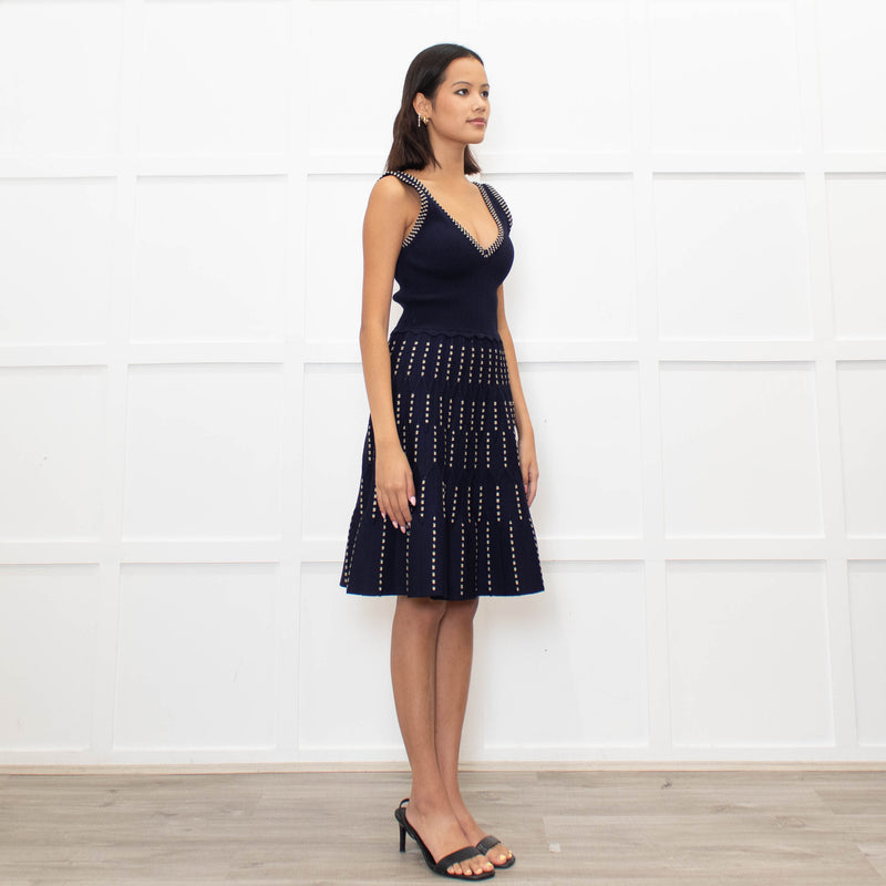 Sandro Navy Blue Gold Lurex Detail Sleeveless Dress