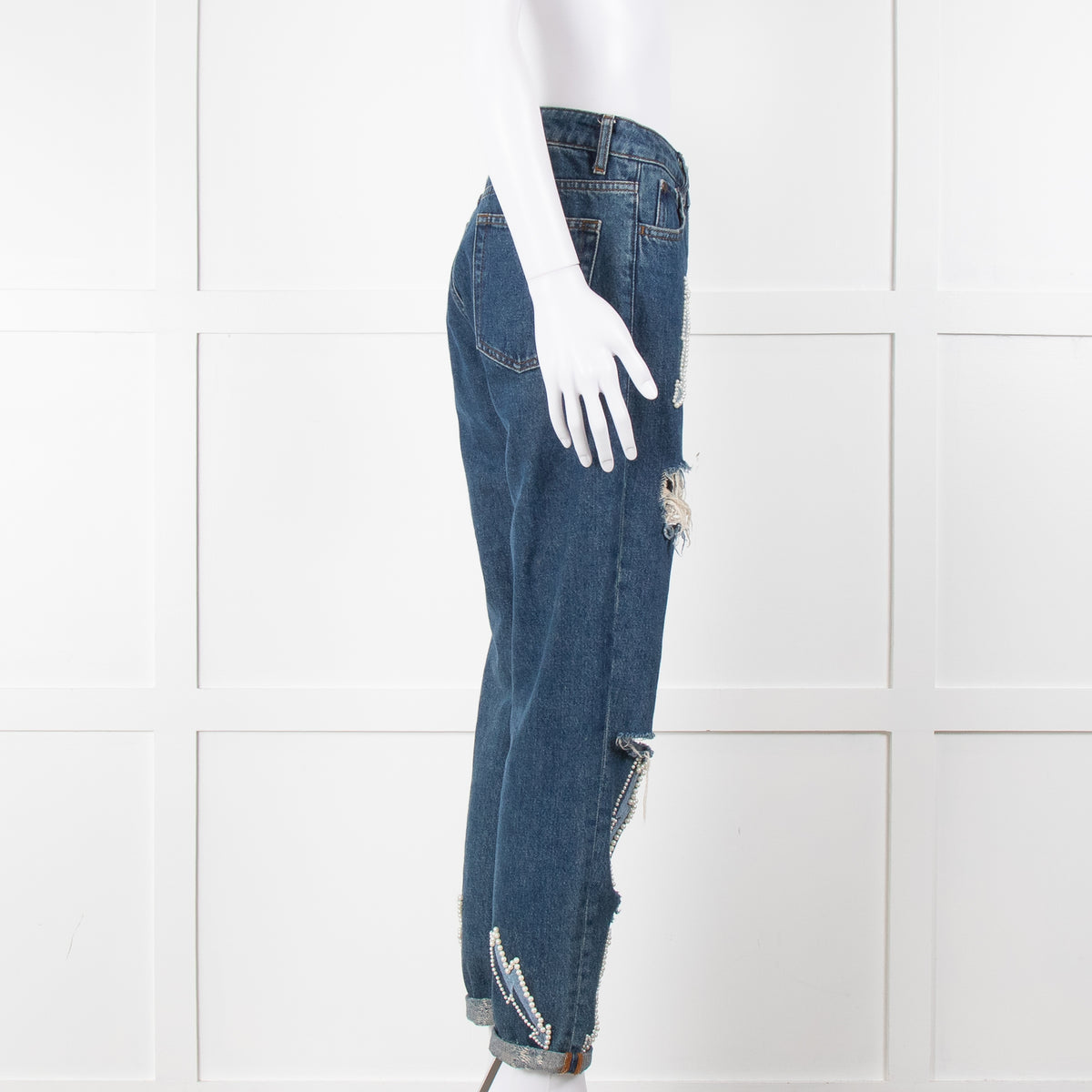 Sandro Blue Ripped Jeans With Pearl Lightening Detail