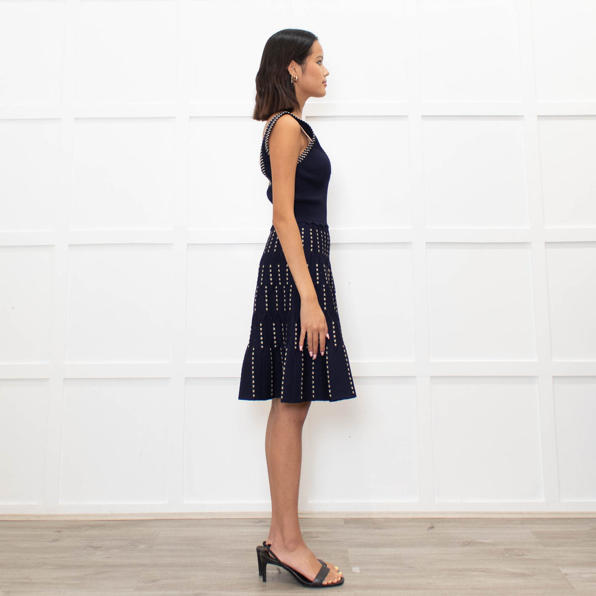 Sandro Navy Blue Gold Lurex Detail Sleeveless Dress
