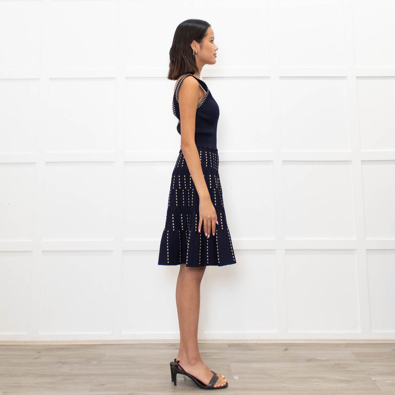 Sandro Navy Blue Gold Lurex Detail Sleeveless Dress
