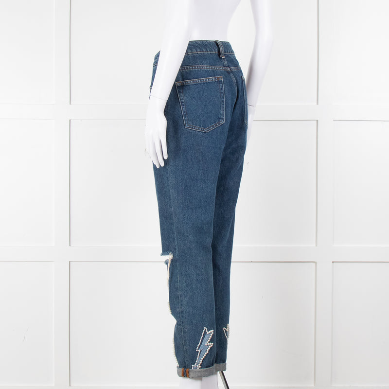 Sandro Blue Ripped Jeans With Pearl Lightening Detail