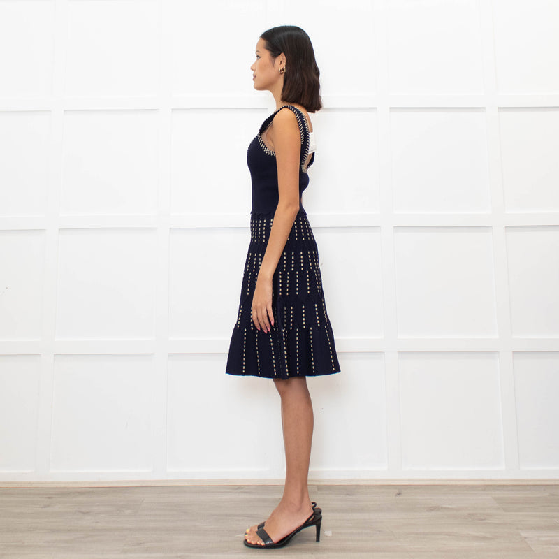 Sandro Navy Blue Gold Lurex Detail Sleeveless Dress