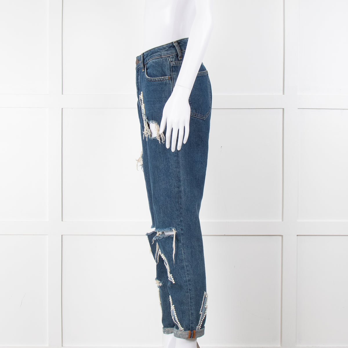 Sandro Blue Ripped Jeans With Pearl Lightening Detail