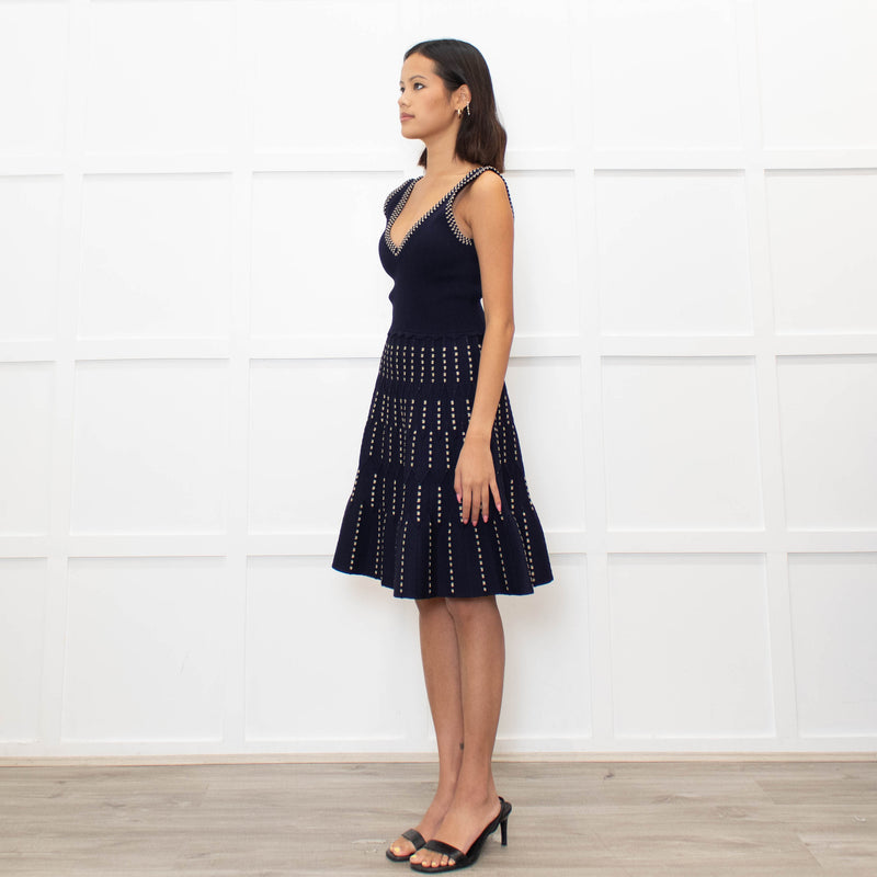 Sandro Navy Blue Gold Lurex Detail Sleeveless Dress