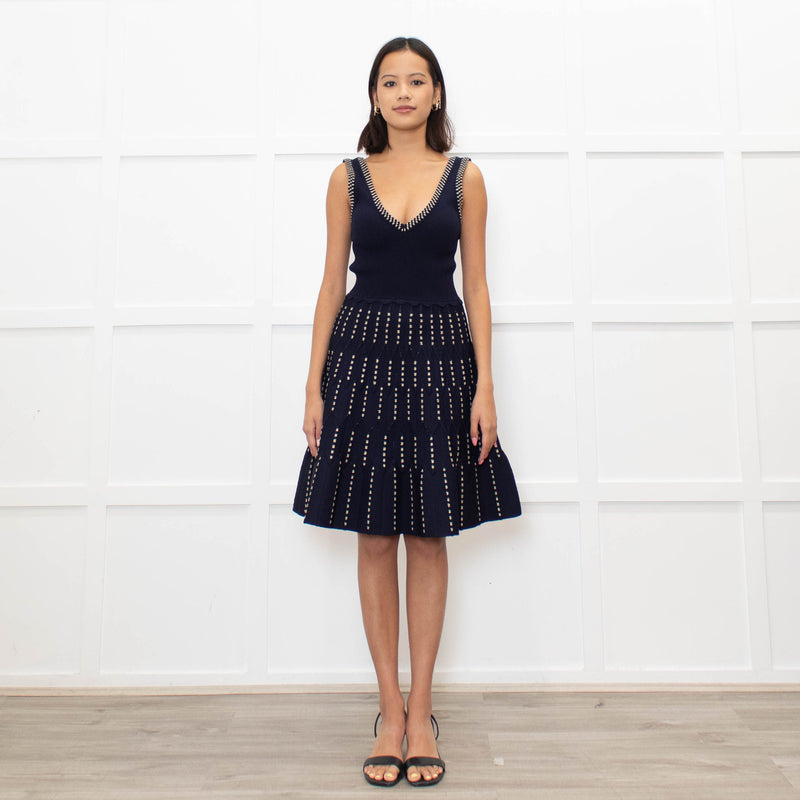 Sandro Navy Blue Gold Lurex Detail Sleeveless Dress