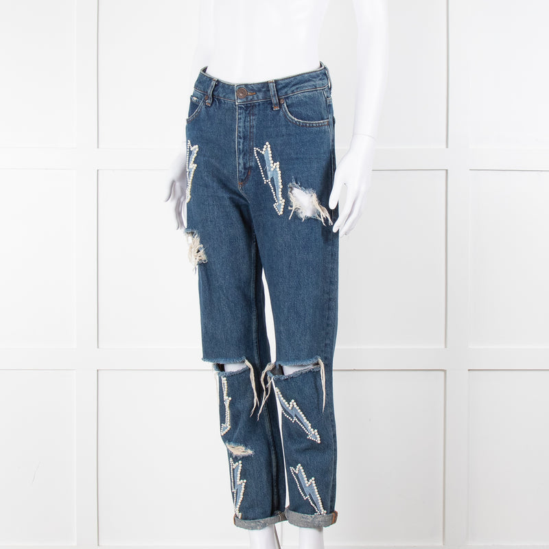 Sandro Blue Ripped Jeans With Pearl Lightening Detail