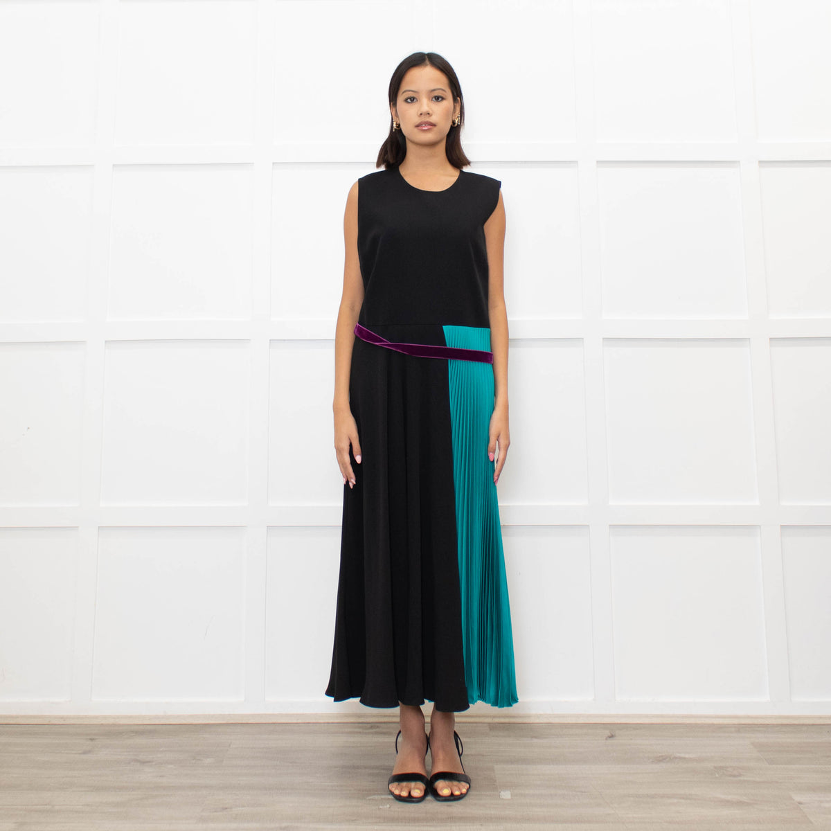 Roksanda Black Turquoise Pleat Purple Ribbon Detail Dress