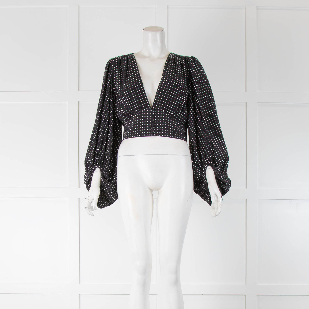 Equipment Black Polka Dot Silk Cropped Long Sleeve Top