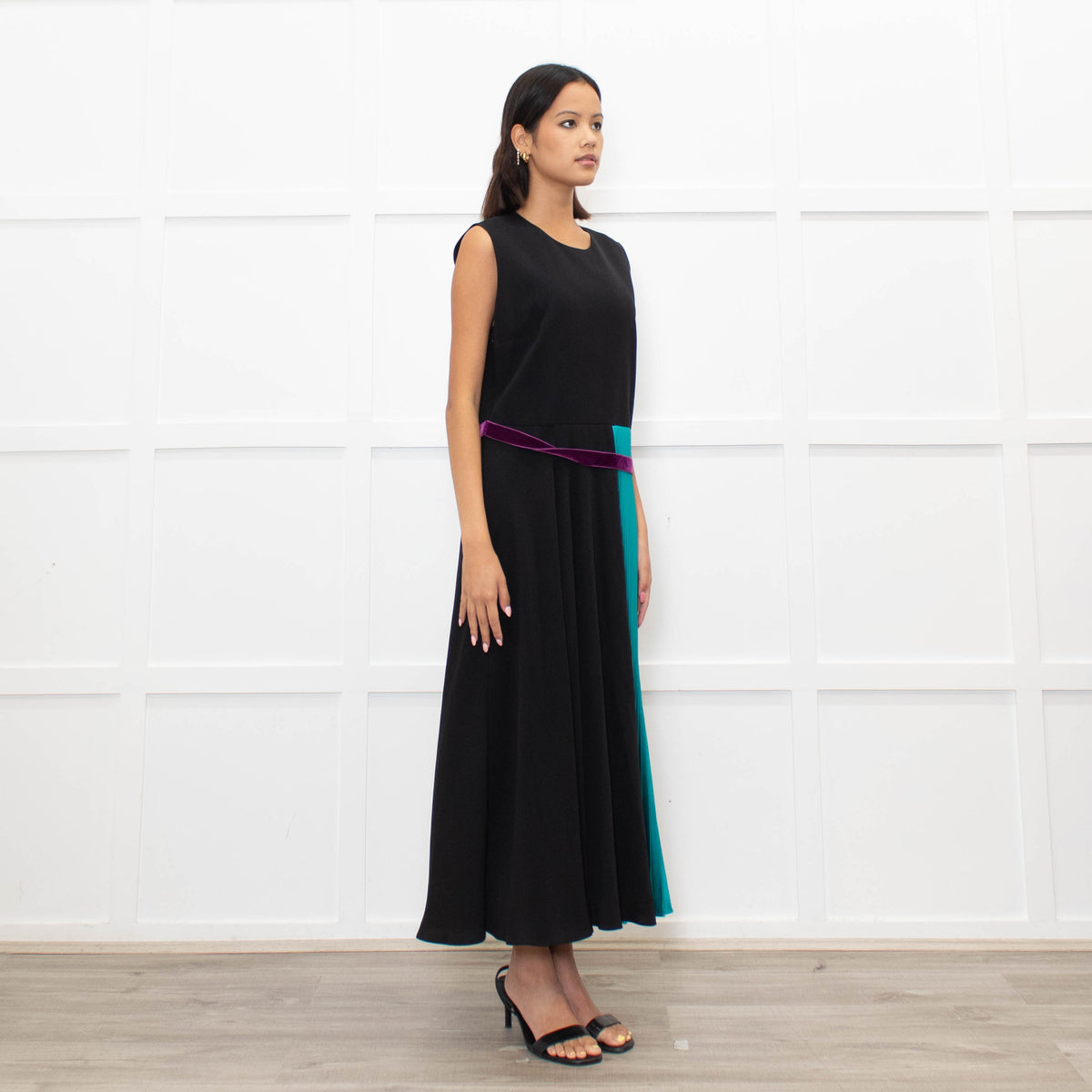 Roksanda Black Turquoise Pleat Purple Ribbon Detail Dress