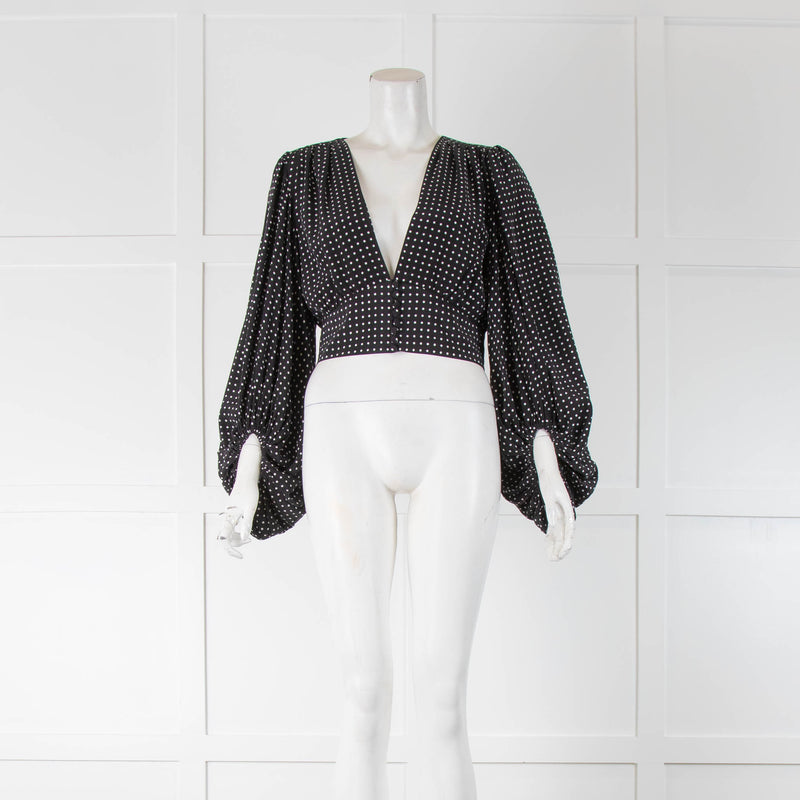 Equipment Black Polka Dot Silk Cropped Long Sleeve Top