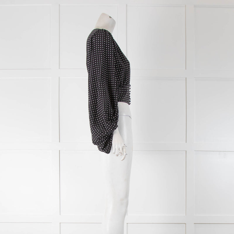 Equipment Black Polka Dot Silk Cropped Long Sleeve Top